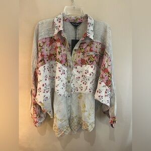 Floral Patchwork Button-Down Women's Top - Pink/White